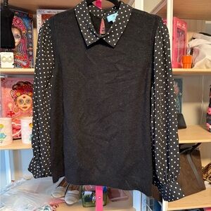 CeCe Black Sweater w/ Polka Dot Blouse Sleeves – Size Large (EUC) 🖤
